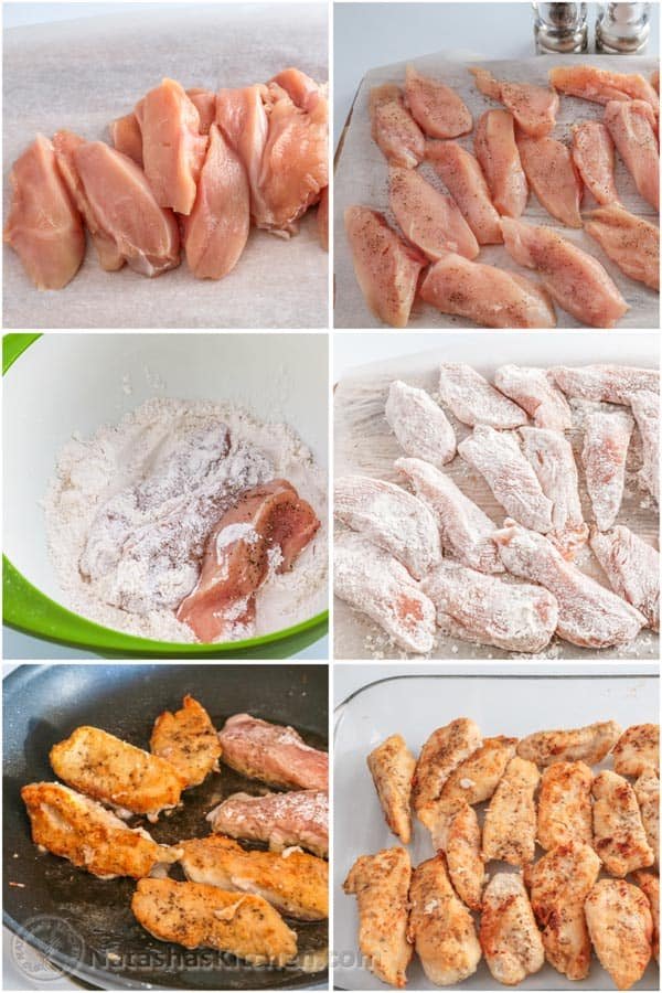 Creamy Chicken Casserole with mushrooms (aka Chicken Gloria) This chicken bake perfect for parties! #chickencasserole #chickenbake #easycasserole #dinner #chicken #mushrooms #casserole #natashaskitchen How to Make Chicken Casserole step by step with dredging and sautéing chicken
