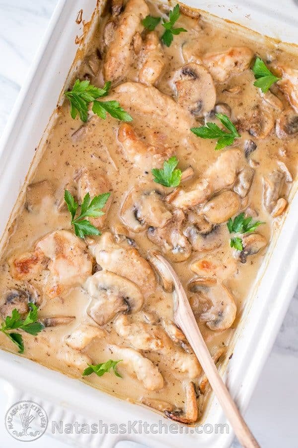 Creamy Chicken Casserole with mushrooms (aka Chicken Gloria) This chicken bake perfect for parties! #chickencasserole #chickenbake #easycasserole #dinner #chicken #mushrooms #casserole #natashaskitchen Chicken and Mushroom Casserole chicken bake
