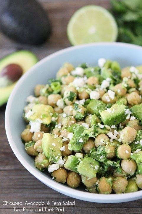 Chickpea, Avocado, & Feta Salad Recipe on twopeasandtheirpod.com This healthy salad only takes 5 minutes to make! Chickpea, Avocado, & Feta Salad in bowl.