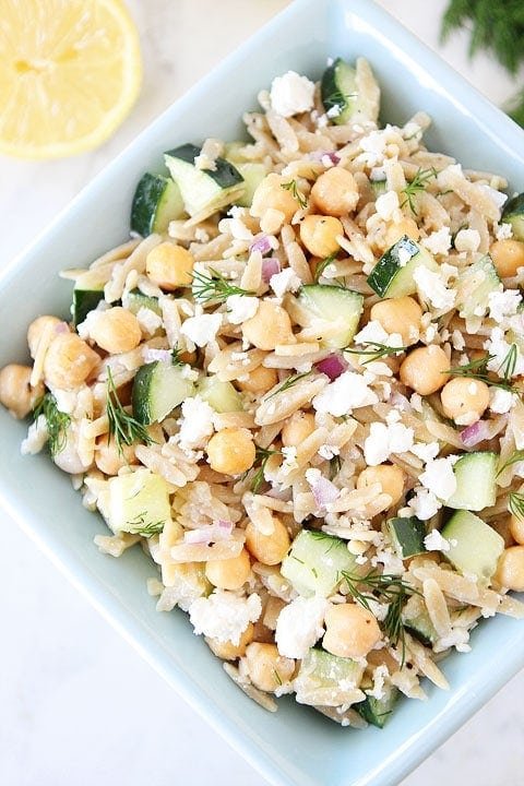 Orzo Salad with Chickpeas, Cucumbers, Lemon, Dill, & Feta Recipe on twopeasandtheirpod.com Easy Orzo Salad with Chickpeas, Cucumbers, Lemon, Dill, & Feta