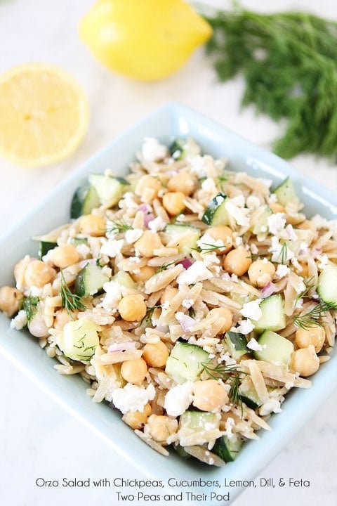 Orzo Salad with Chickpeas, Cucumbers, Lemon, Dill, & Feta Recipe on twopeasandtheirpod.com A light, simple, and healthy salad! Orzo Salad with Chickpeas, Cucumbers, Lemon, Dill, & Feta Recipe