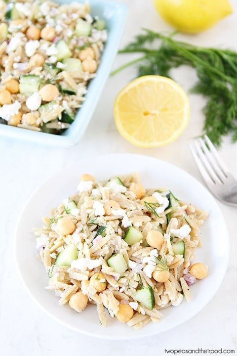Orzo Salad with Chickpeas, Cucumbers, Lemon, Dill, & Feta Recipe on twopeasandtheirpod.com Great as a side or main dish! Orzo Salad with Chickpeas, Cucumbers, Lemon, Dill, & Feta on plate
