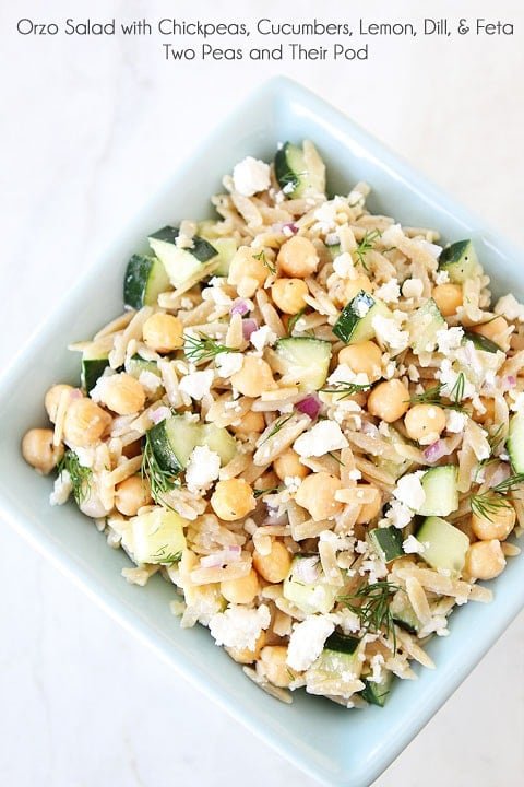 Orzo Salad with Chickpeas, Cucumbers, Lemon, Dill, & Feta on twopeasandtheirpod.com Love this healthy salad! Orzo Salad with Chickpeas, Cucumbers, Lemon, Dill, & Feta