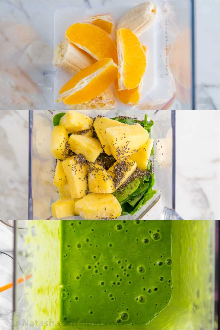 This Green Smoothie recipe is packed with nutritious ingredients like spinach, orange, pineapple, banana, and chia seeds. It's so refreshing. Blending Green smoothie ingredients in a blender with banana, orange, chia seeds, spinach, frozen pineapple, and coconut milk