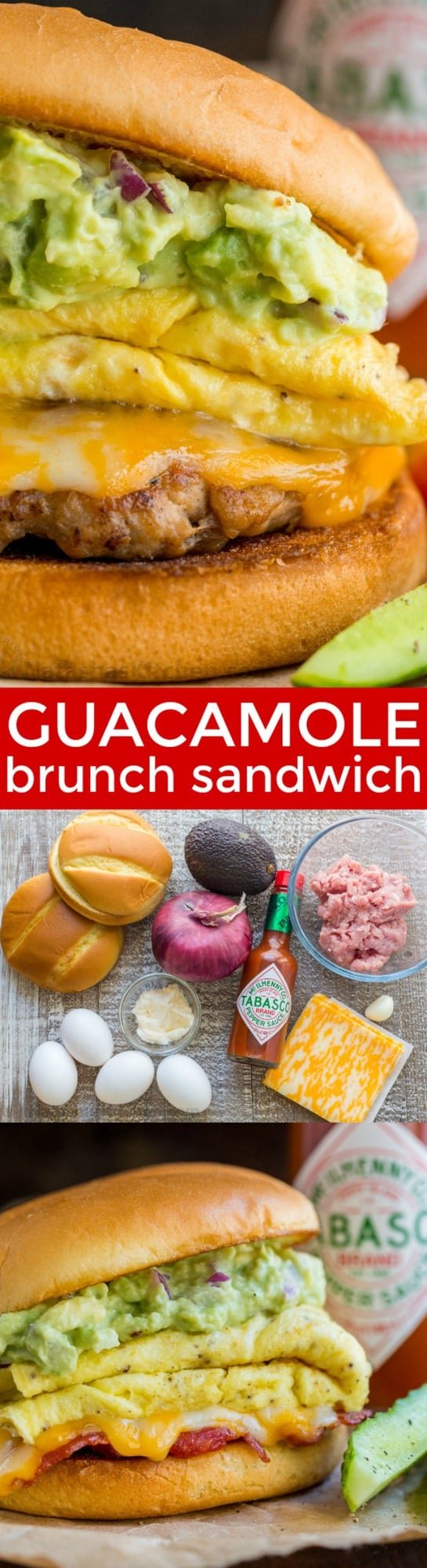 Spicy guacamole brunch sandwich with a crisp toasted bun, juicy sausage, melty cheese, fluffy eggs and guacamole! Easy guacamole breakfast sandwich! | natashaskitchen.com