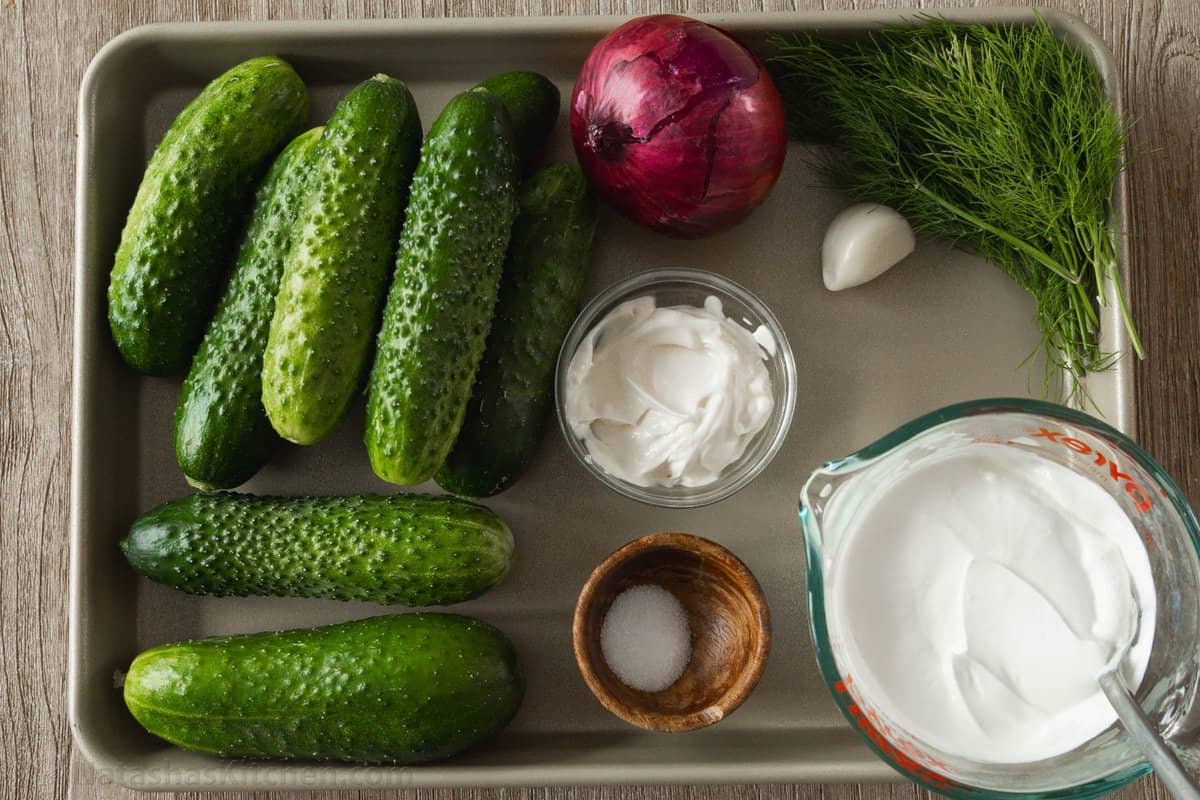 This easy Creamy Cucumber Salad combines cucumbers and red onions with a sour cream, lemon, and dill sauce that won't be able to resist! Cucumbers, red onions, dill, garlic and sour cream combine to make a delicious cucumber salad recipe