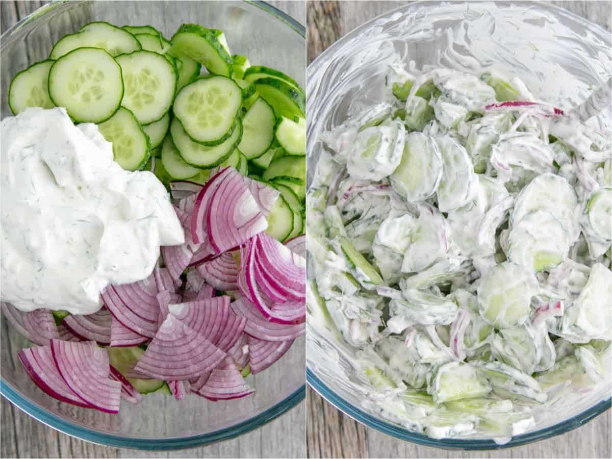 This easy Creamy Cucumber Salad combines cucumbers and red onions with a sour cream, lemon, and dill sauce that won't be able to resist! Sliced cucumbers and red onions ready for the delicious sour cream and dill sauce to complete this easy Creamy Cucumber Salad.