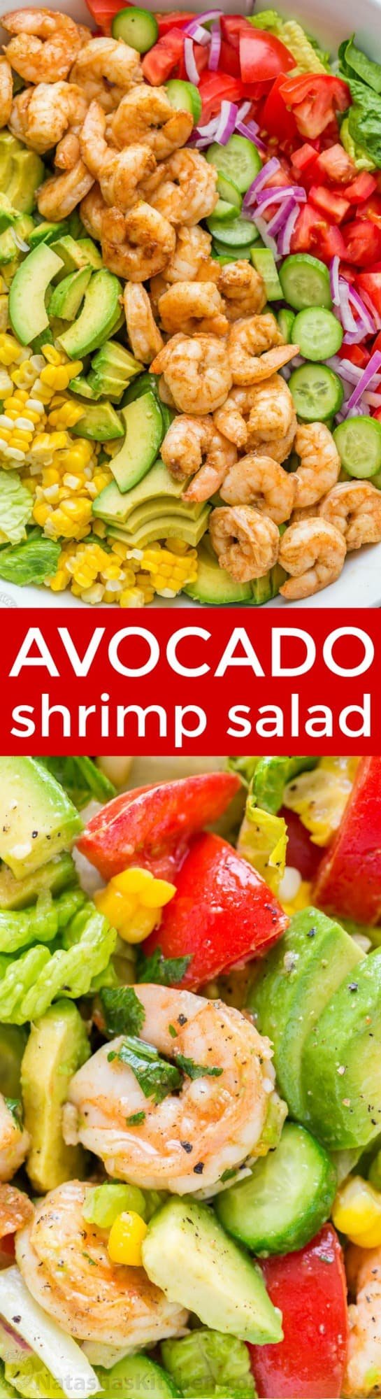 Avocado Shrimp Salad Recipe with cajun shrimp and the best flavors of summer. The cilantro lemon dressing gives this shrimp salad incredible fresh flavor! | natashaskitchen.com