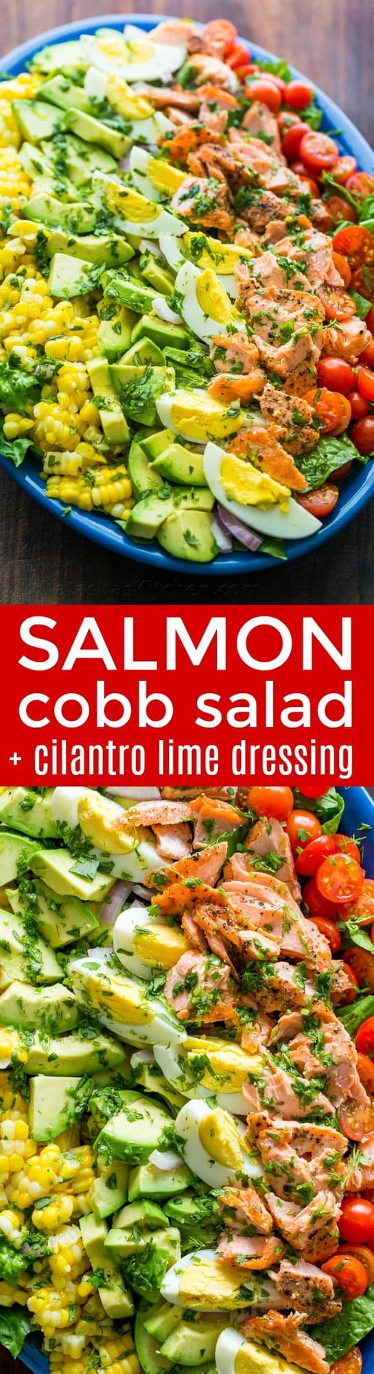 Salmon Cobb Salad is a modern spin on the classic American Cobb salad. It is definitely a feel-good, protein packed salad loaded with crisp lettuce, sweet corn, avocados, ripe cherry tomatoes and hard-boiled eggs. | natashaskitchen.com