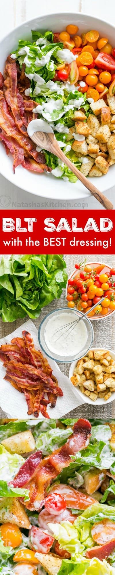A BLT Salad loaded with fresh lettuce, crispy bacon, bright tomatoes, crunchy croutons and the BLT Salad dressing is exceptional. Easy, excellent salad! | natashaskitchen.com