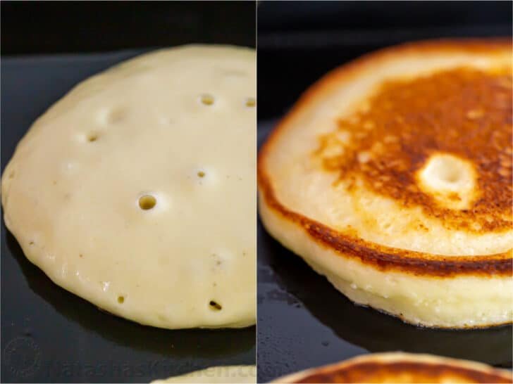 Bubbles on pancake indicating it's time to flip
