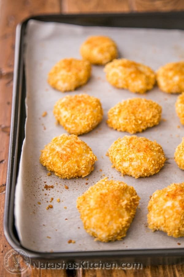 Air Fryer Chicken nuggets on baking sheet