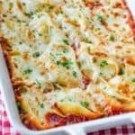 Stuffed pasta shells in a casserole dish