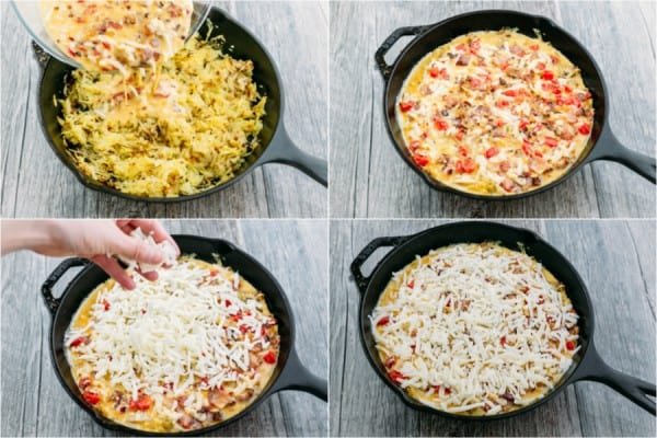 This breakfast casserole goes from stove to oven in one pan. Under the gooey cheesy crust, it's loaded with bacon, hash browns and of course, more cheese!