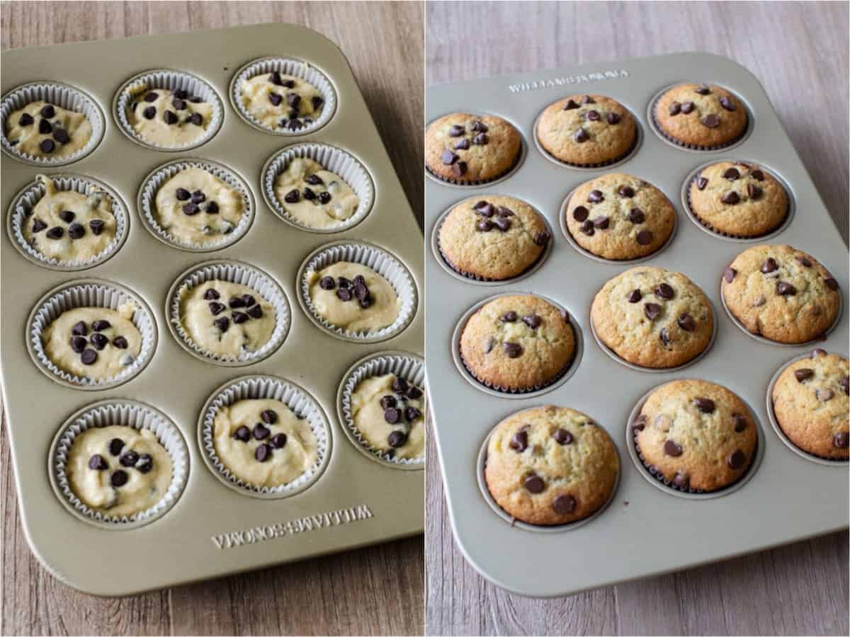 Easy Banana Muffins with chocolate chips are the ultimate treat. Our best banana chocolate chip muffins are a great way to use ripe bananas! before and after baking easy banana muffin recipe