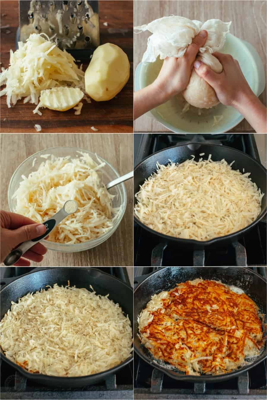 Here’s the secret to making the best crispy Hash Browns - the perfect breakfast side dish. A classic homemade Hash Brown Recipe. collage of how to make skillet hash browns step by step