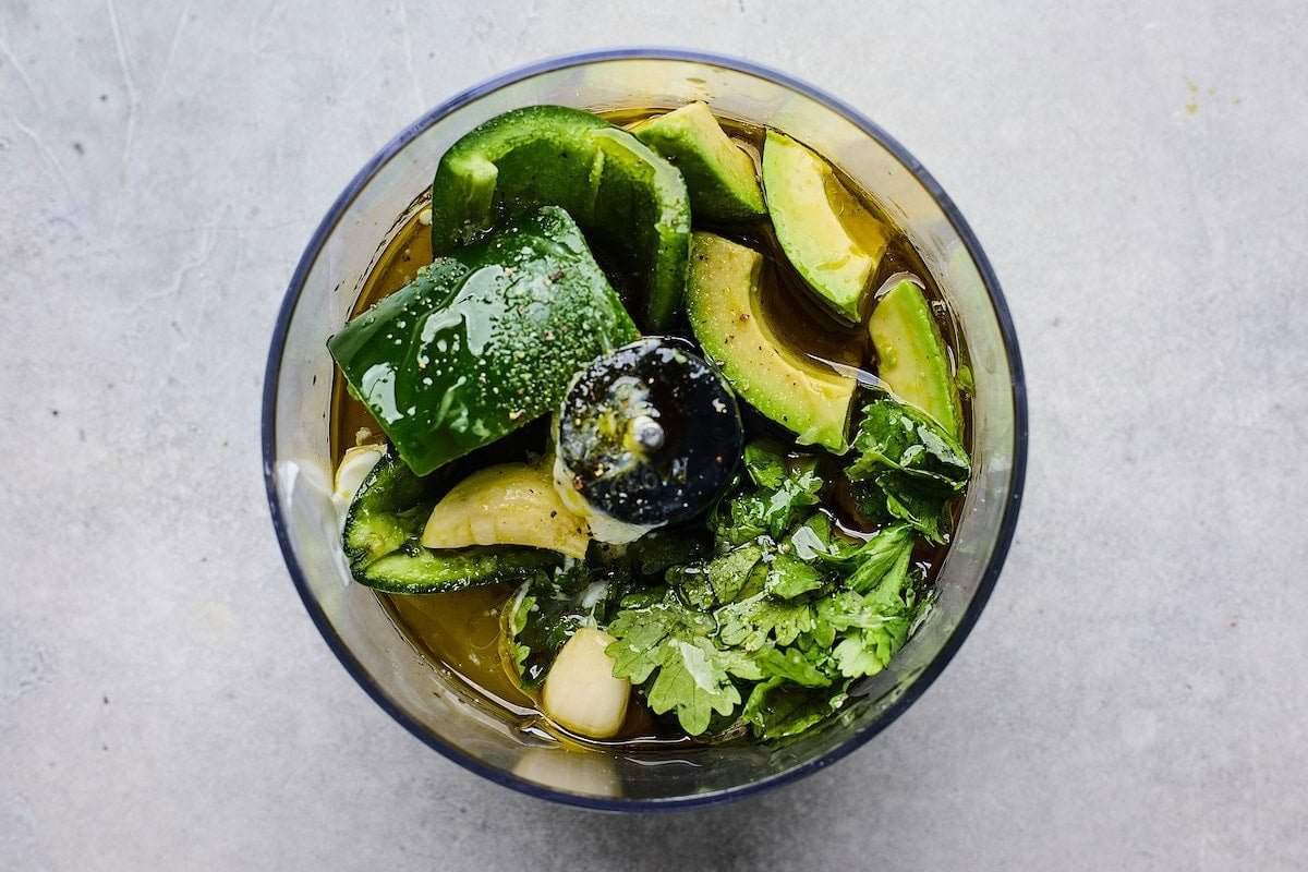 avocado, jalapeño, cilantro, garlic, and oil in food processor to make creamy avocado dressing.