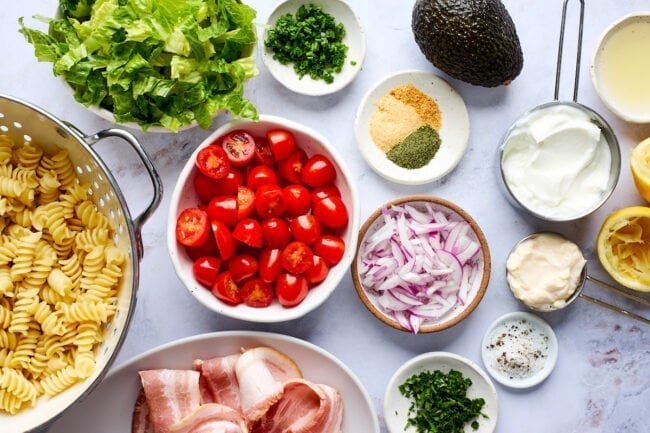 BLT pasta salad ingredients.