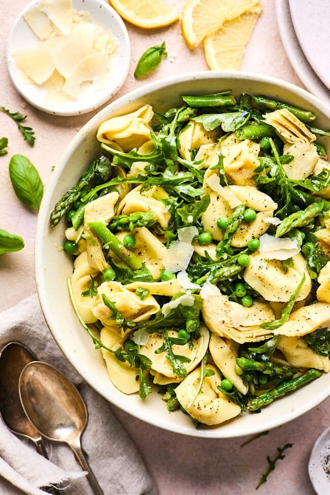 spring tortellini salad in bowl