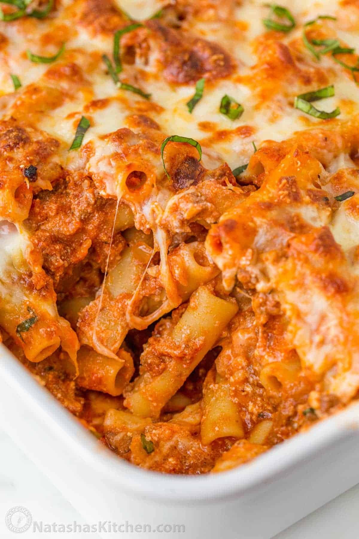 Baked ziti in a casserole dish