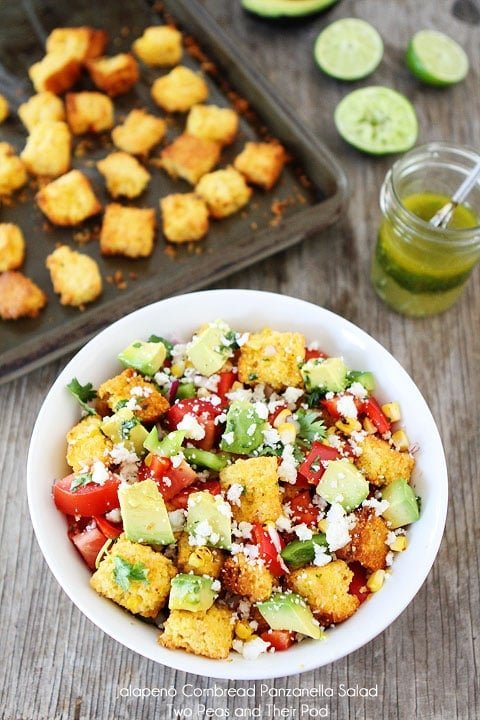 Jalapeño Cornbread Panzanella Salad Recipe on twopeasandtheirpod.com A twist on traditional panzanella salad!