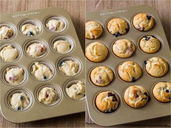 Baked mixed berry muffins in muffin tin