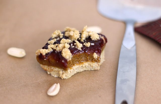 Healthy Peanut Butter and Jelly Shortbread Bars (gluten free, no bake, high protein) - Desserts with Benefits