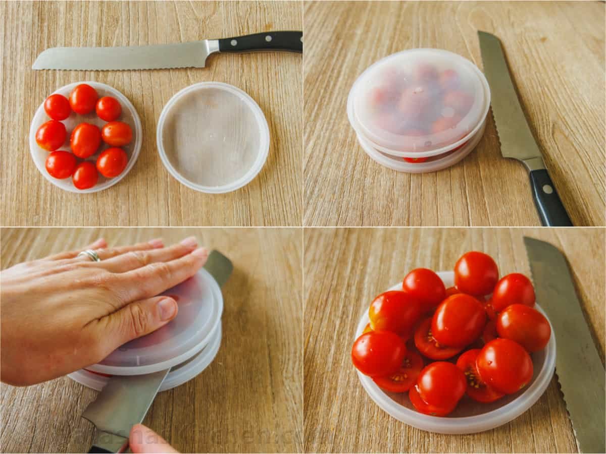 easy way to cut a lot of tomatoes using two lids