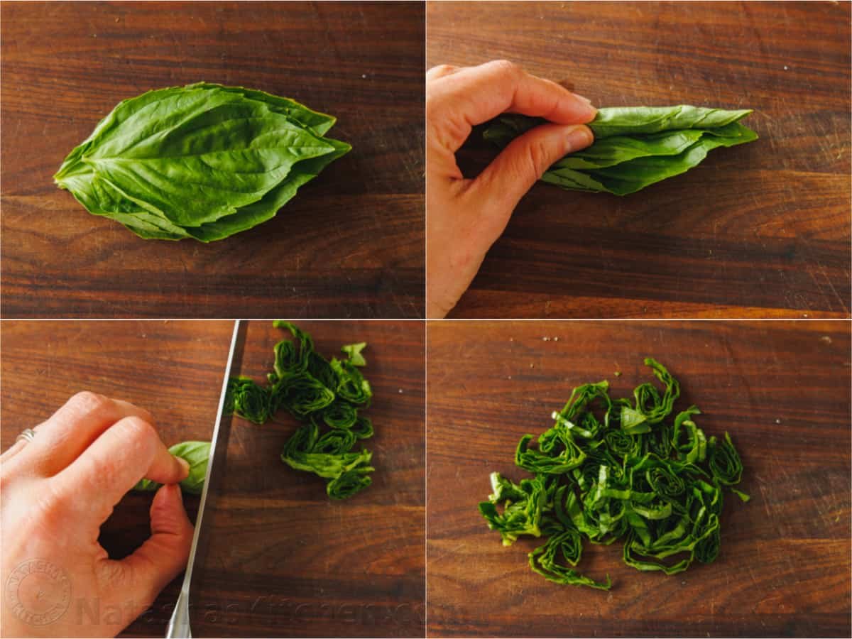 how to cut basil by rolling it into a log and slicing