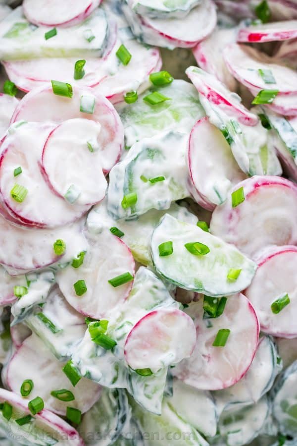 One of our favorite radish recipes is this creamy cucumber radish salad. 