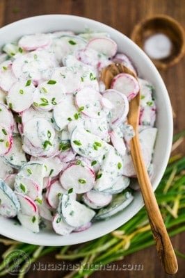 You must try this Radish and Cucumber Salad with a simple sour cream dressing. Radishes have a very satisfying crunch and they're so good for you!