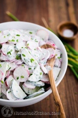 Radish and Cucumber Salad with a simple sour cream dressing. Radishes have a very satisfying crunch and they're so good for you! @NatashasKitchen