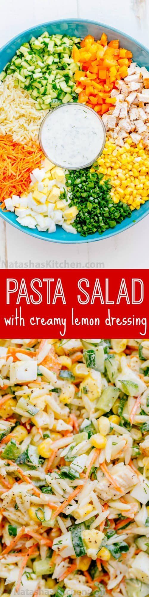 This chicken pasta salad is loaded, hearty and satisfying. The creamy lemon dill dressing adds fresh amazing flavor. This pasta salad is so tasty! | natashaskitchen.com