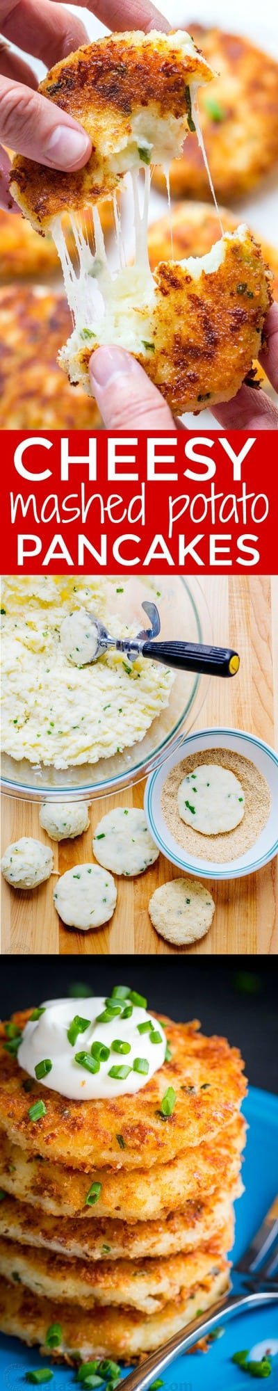 Cheesy mashed potato pancakes recipe - best way to use up leftover mashed potatoes! Mashed Potato Pancakes are crispy outside and loaded with melty cheese! | natashaskitchen.com
