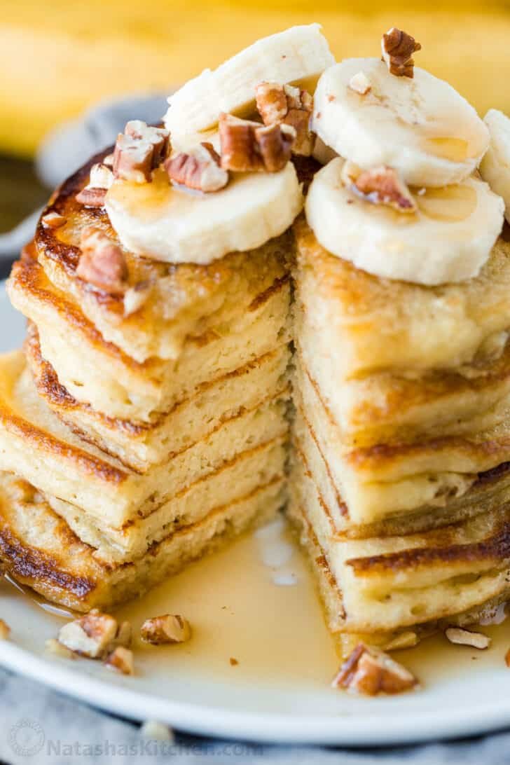 Slice removed from banana pancakes to show center texture