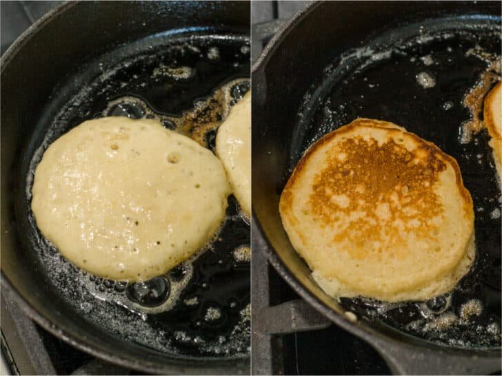 Before and after flipping pancakes