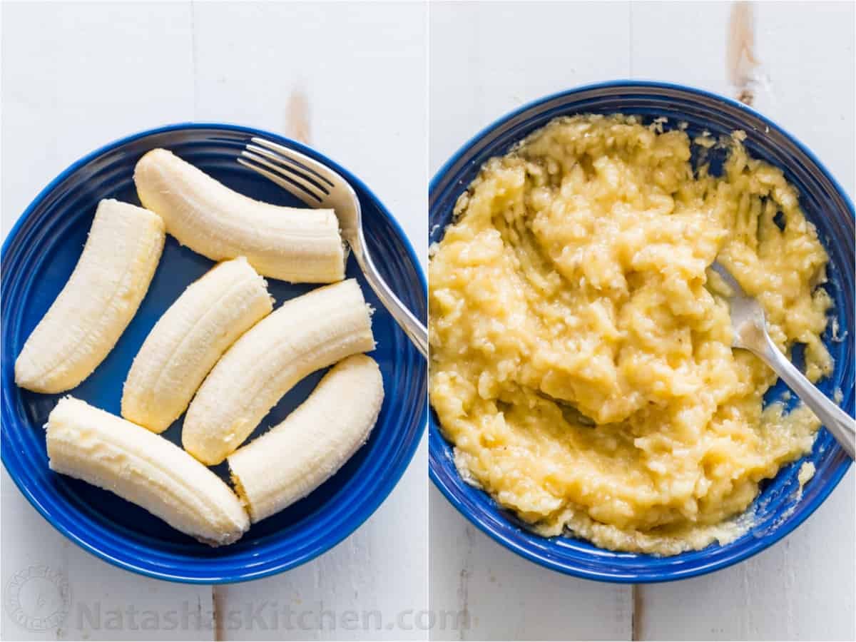 Mashing peeled overripe ripe bananas in a blue bowl