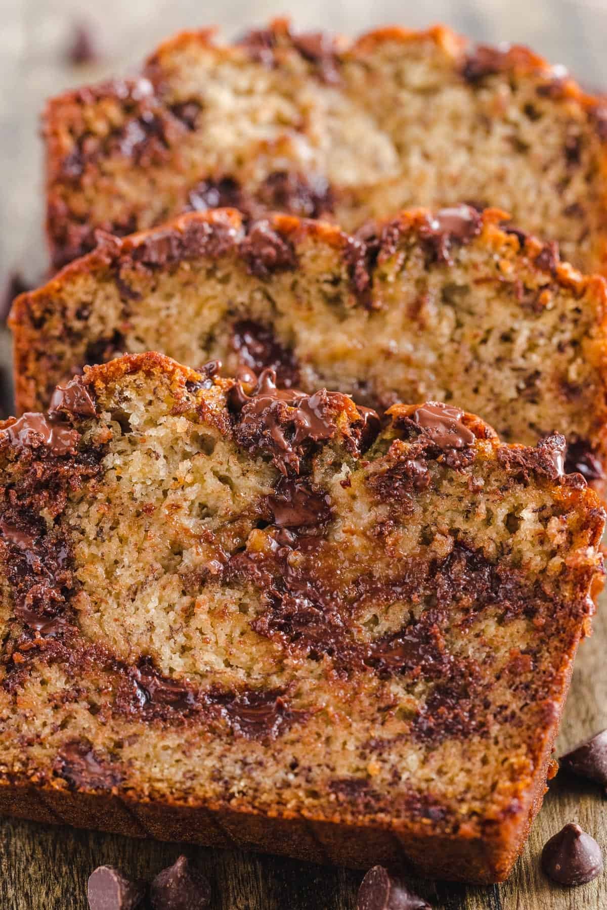 Sliced Banana Chocolate Chip Bread studded with chocolate