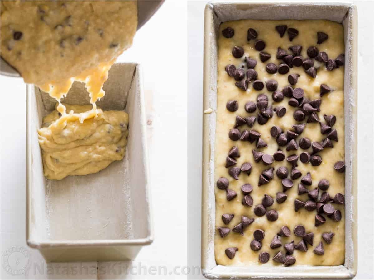 What chocolate banana bread batter looks like poured into bread pan