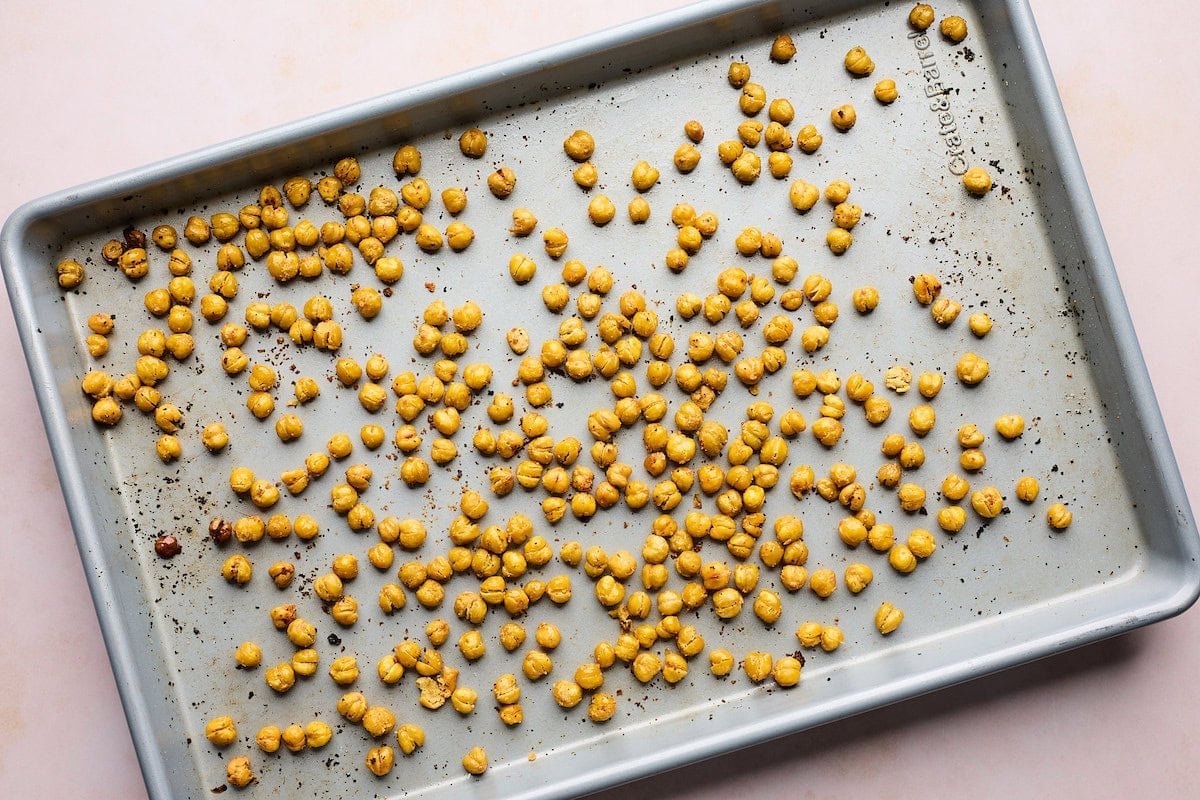 roasted chickpeas on baking sheet. 