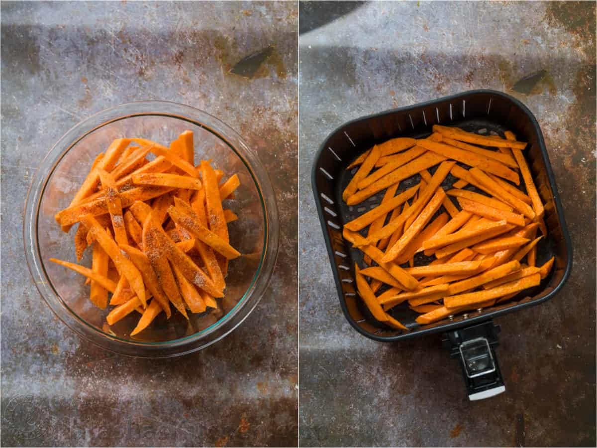 spuds cut into spears in a glass bowl next to a basket of slices ready for frying.