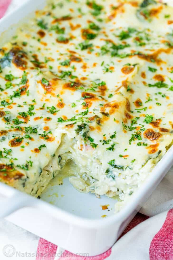 lasagna casserole with slice removed