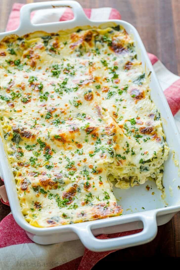 White Chicken Lasagna Casserole with slice removed