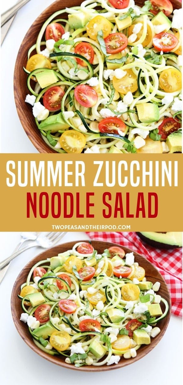 A fresh, simple and healthy zucchini noodle salad for summer! Made with tomatoes, avocado, sweet corn, goat cheese and basil, this zucchini noodles for healthy dinners is the best salad ever! Just drizzle with vinaigrette dressing and serve!