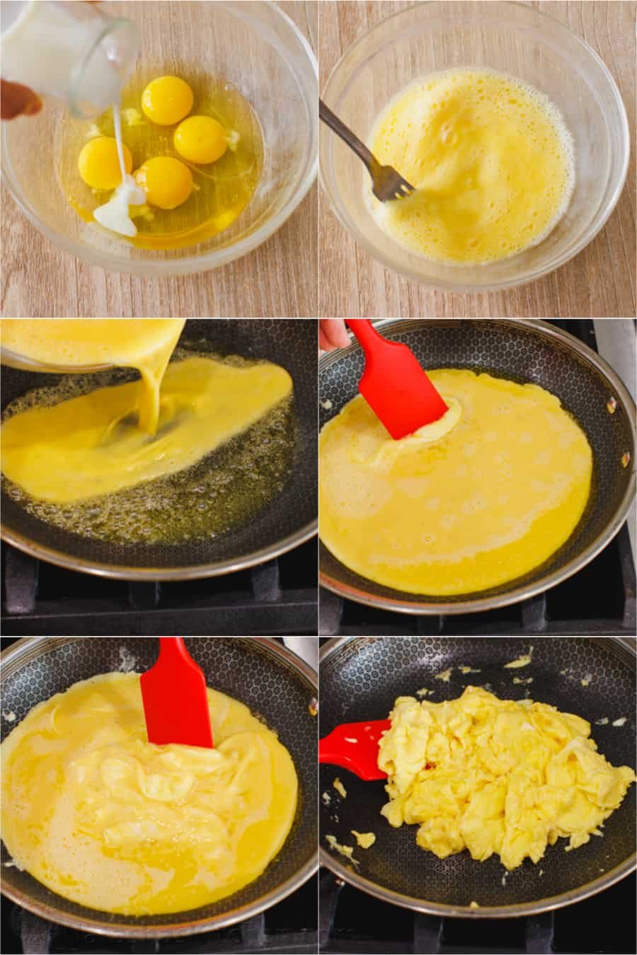 Learn how to cook perfect scrambled eggs that are soft, fluffy, and satisfying. This 5-minute recipe makes the absolute best scrambled eggs! Photo collage showing the process for how to make scrambled eggs in a skillet.