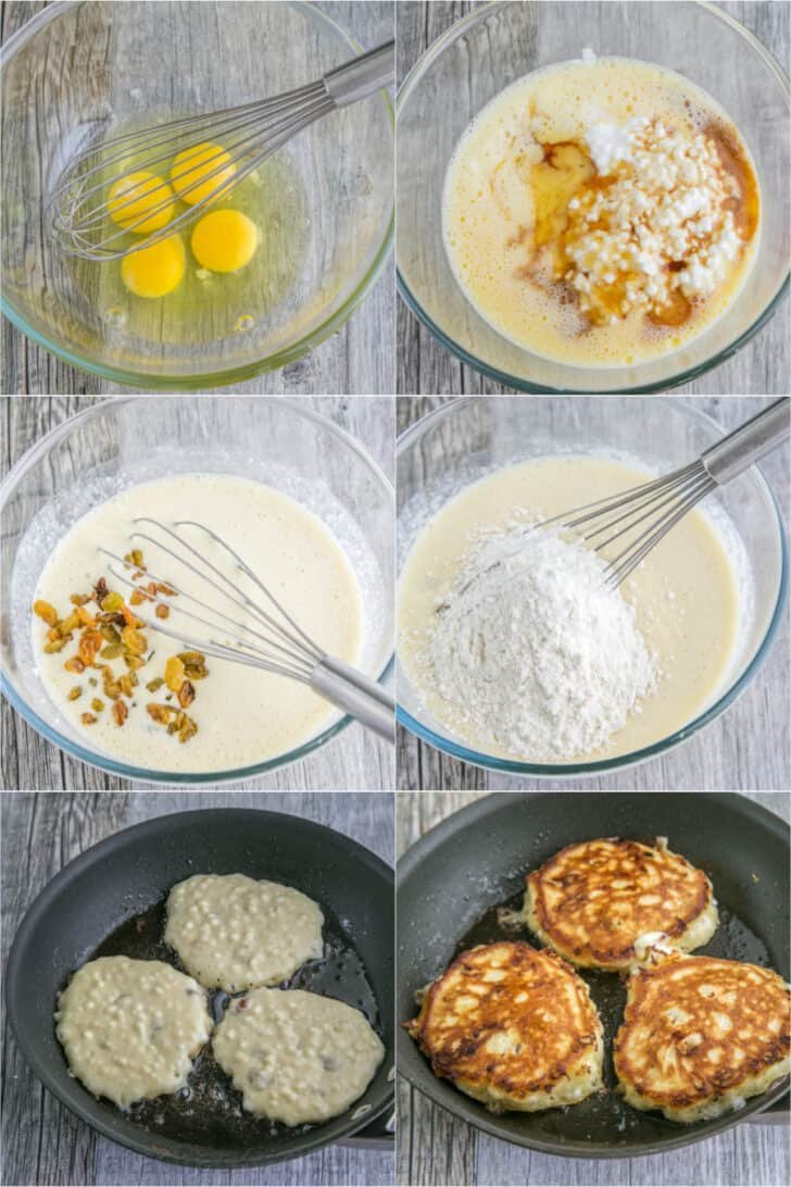 Step by step how to make batter and sauté cottage cheese pancakes