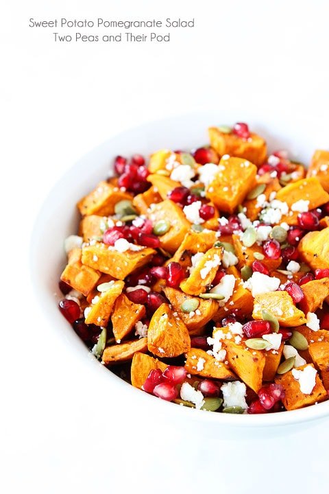 Sweet Potato Pomegranate Salad Recipe on twopeasandtheripod.com. This healthy salad is the perfect holiday side dish!
