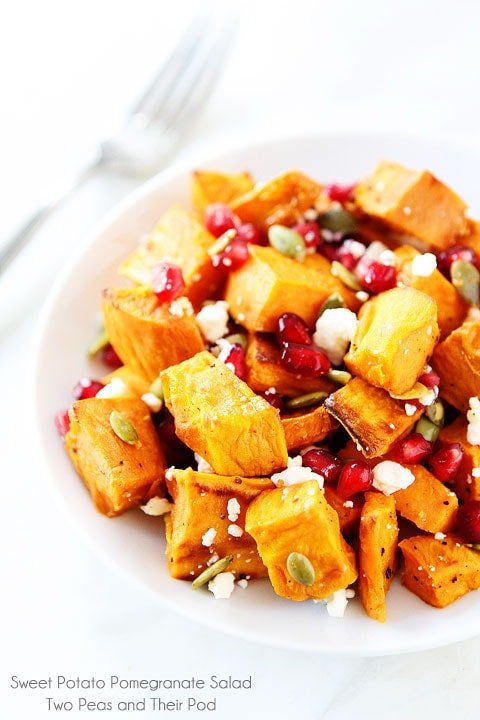 Sweet Potato Pomegranate Salad Recipe on twopeasandtheripod.com. This healthy salad is perfect for any holiday meal!