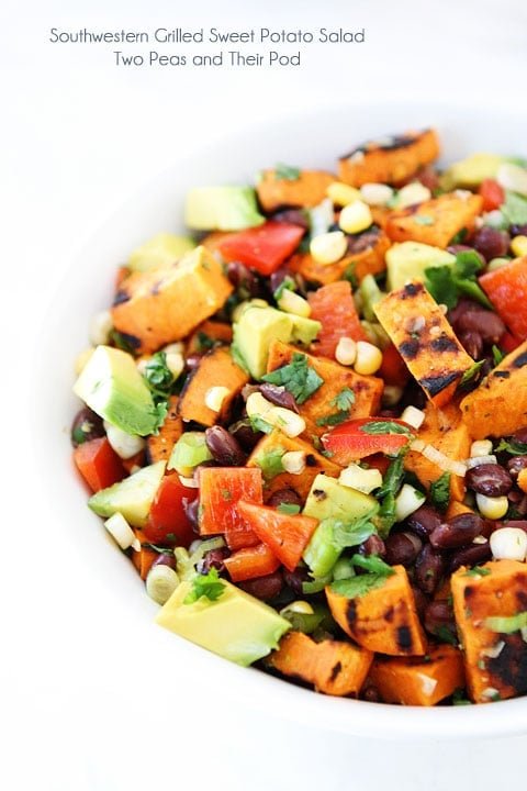 Southwestern Grilled Sweet Potato Salad Recipe on twopeasandtheirpod.com Love this summer salad! Grilled Sweet Potato Salad with black beans, corn, avocado, red pepper, and cilantro in bowl