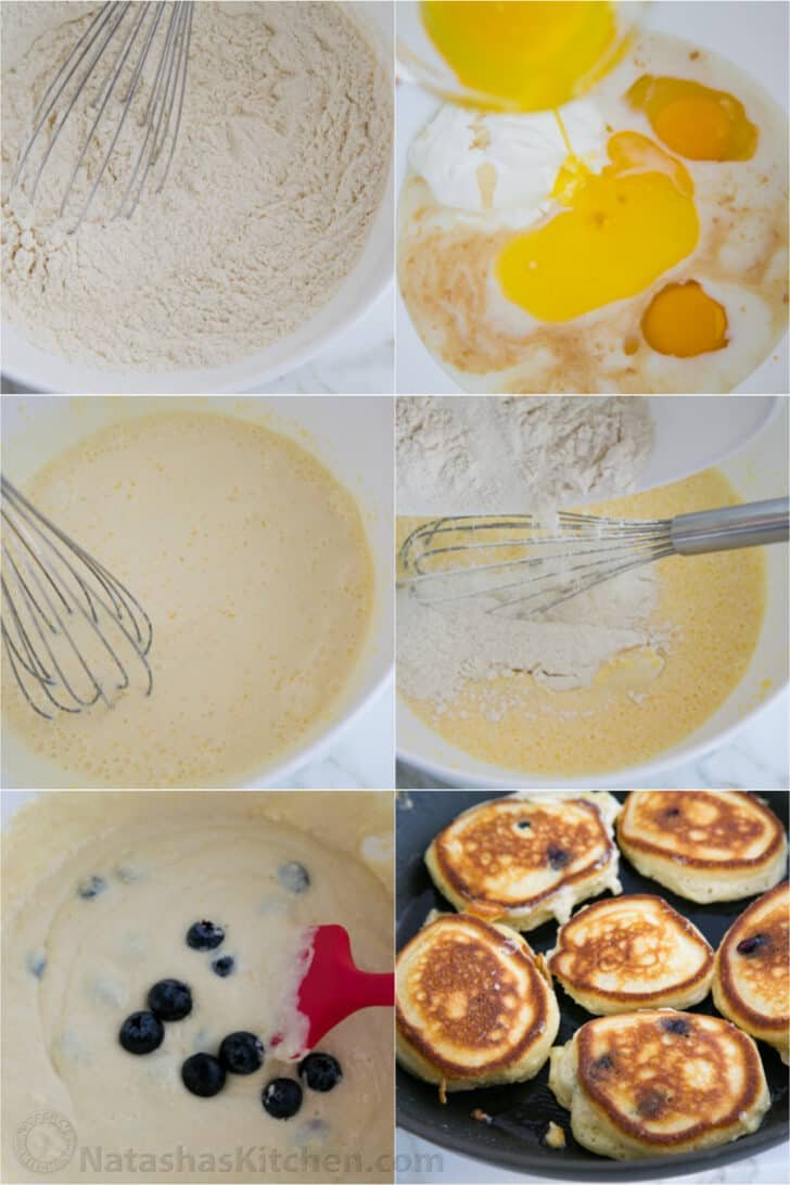 How to make pancakes, mixing dry and wet ingredients in a bowl, adding blueberries, and cooking pancakes in a pan.